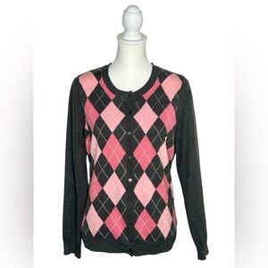 Croft & Barrow Pink Gray Argyle Cardigan EUC Sz M Light Academia Preppy Classic